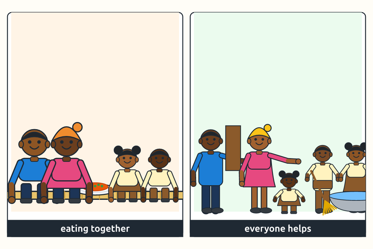 A family eating together and helping each other with tasks