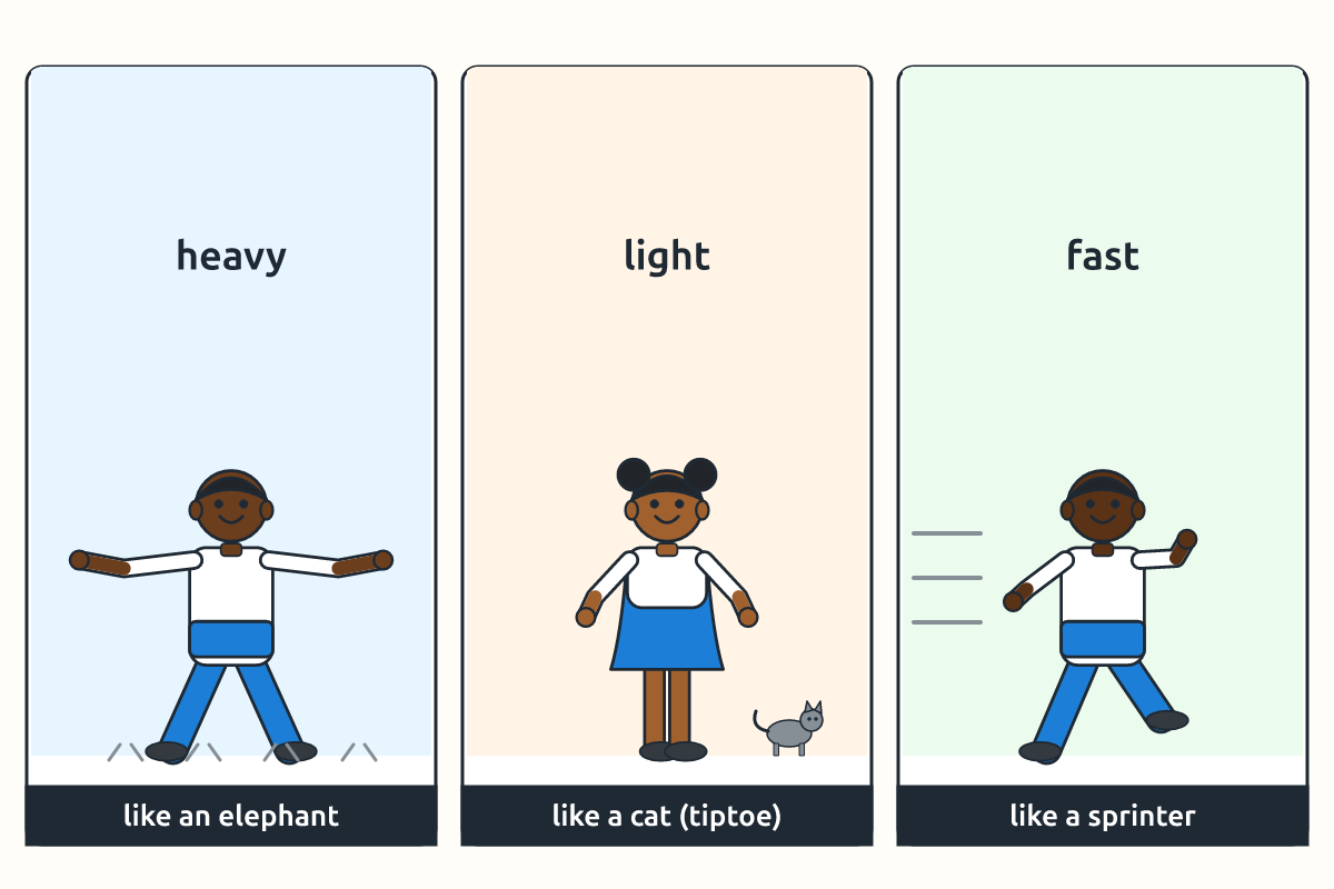 A child moving like an elephant, a cat and a sprinter