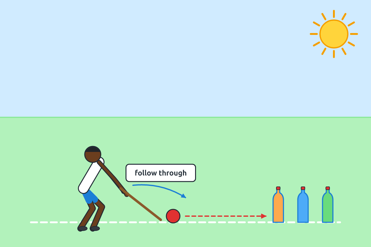 A child pushing a ball with a stick towards plastic-bottle targets