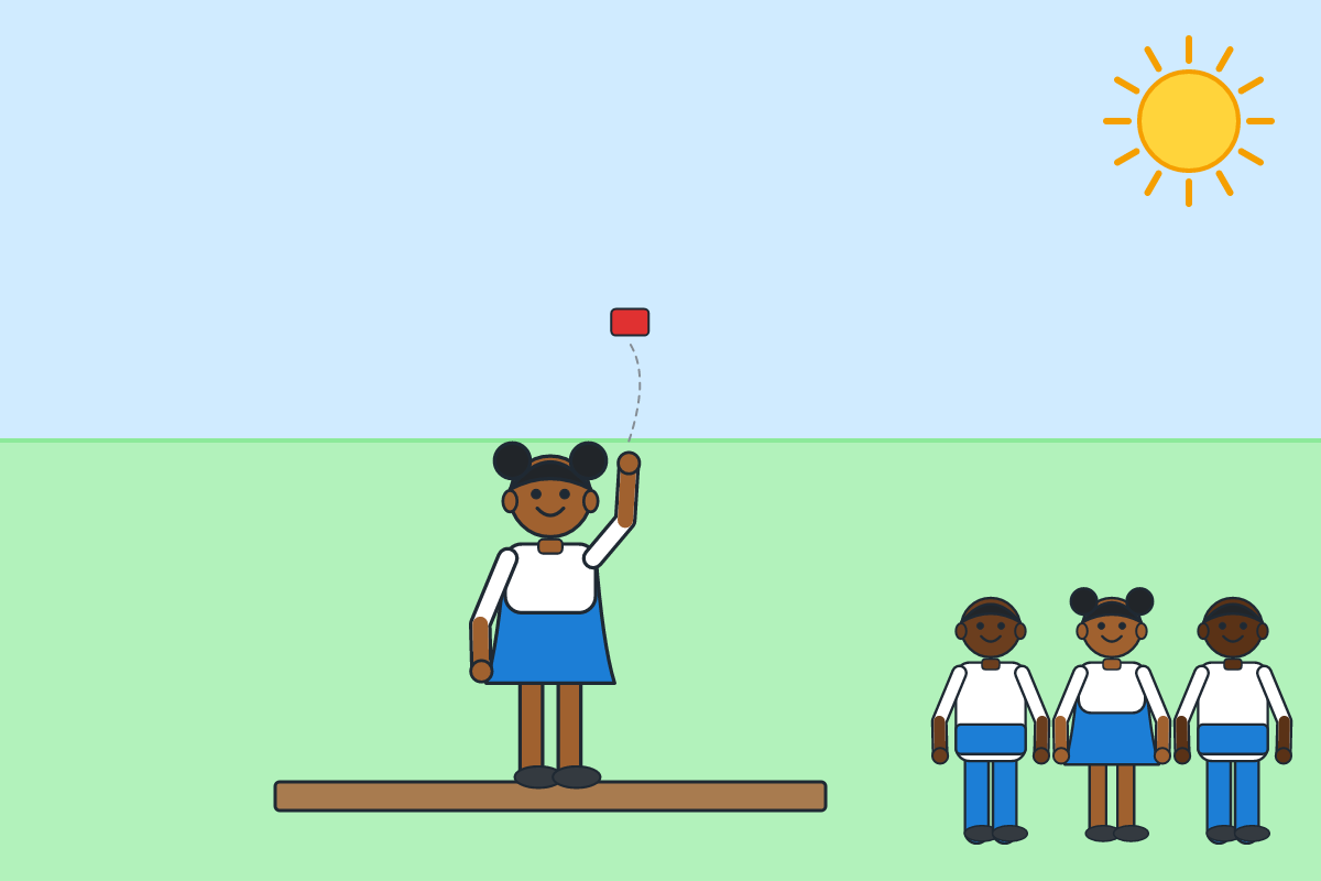 A child on a low beam tossing a beanbag