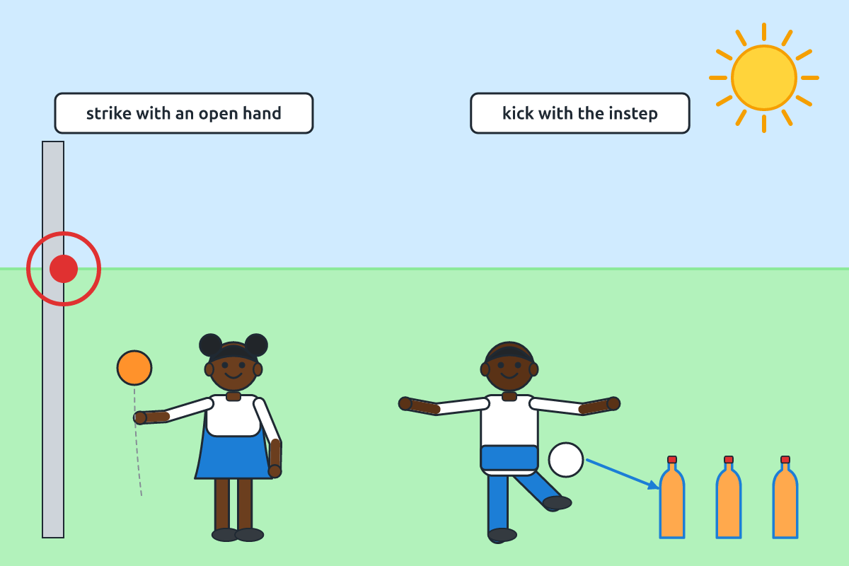 A child hitting a bouncing ball with an open hand and another kicking a bouncing ball