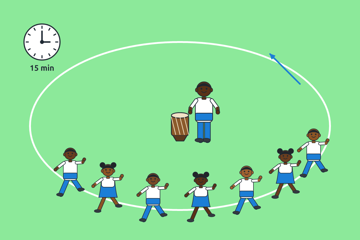 Pupils brisk walking in a line around a field to drum music