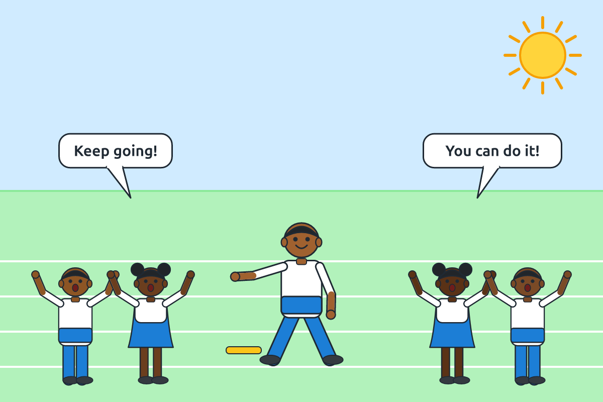 A relay team cheering a runner who dropped the baton and encouraging him to continue