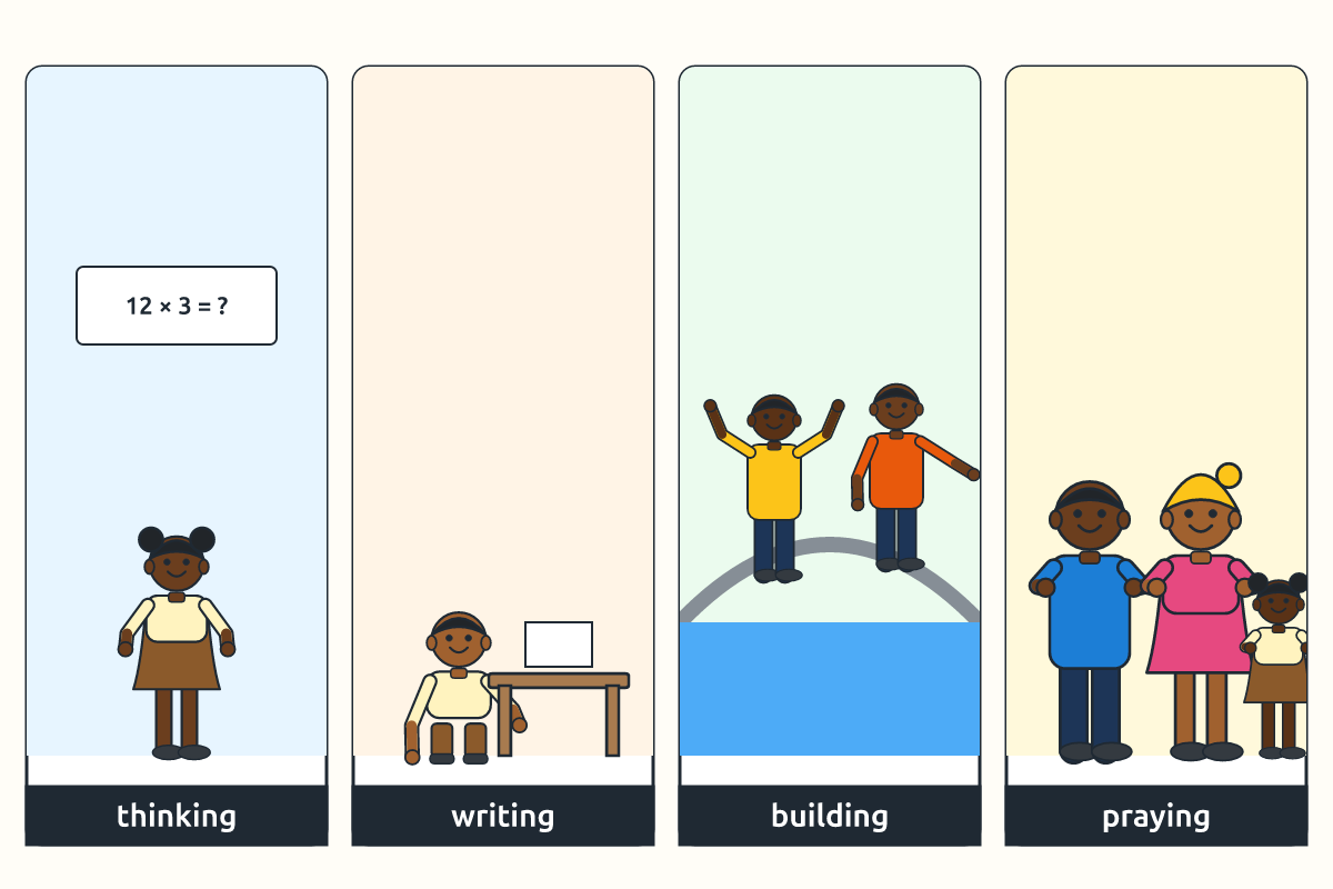 People thinking, writing, building and praying