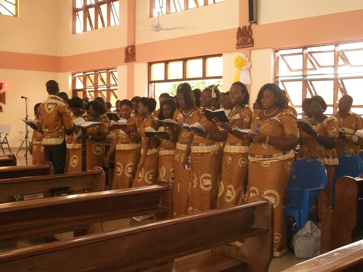 A Ghanaian church congregation singing during a service