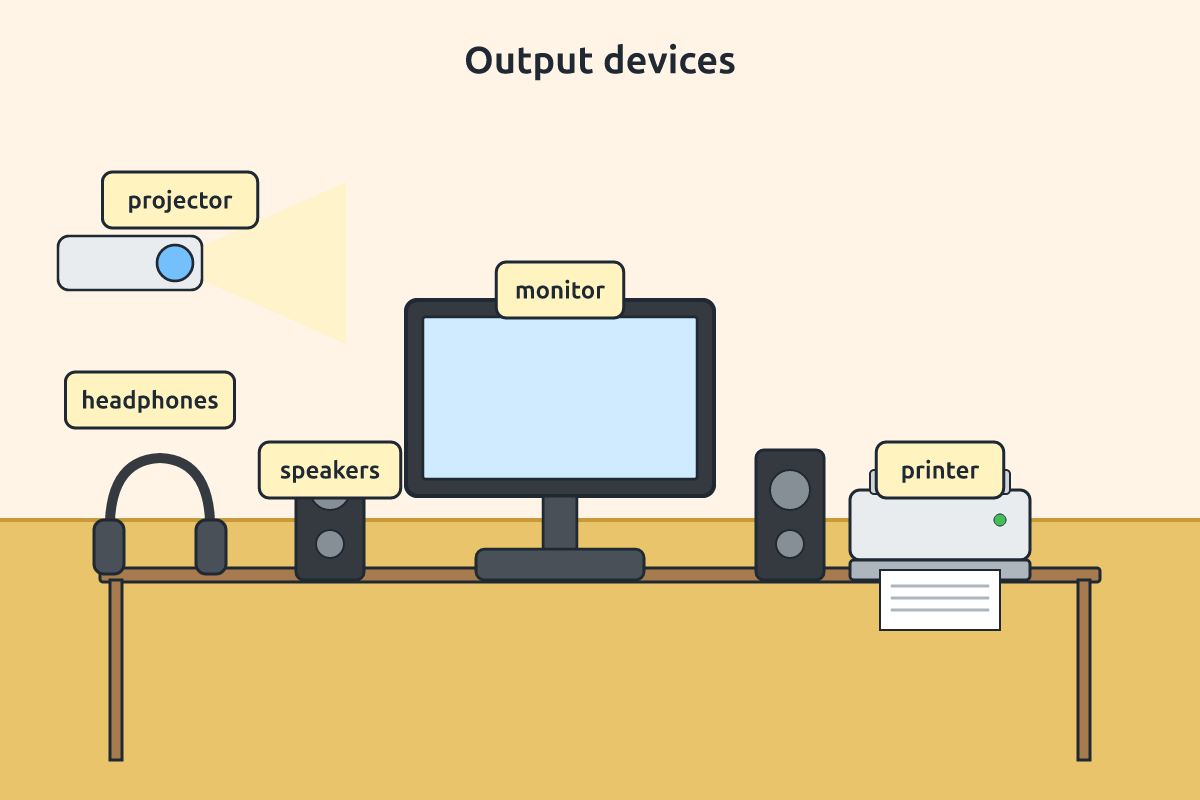 A monitor, printer, speakers, headphones and a projector arranged together