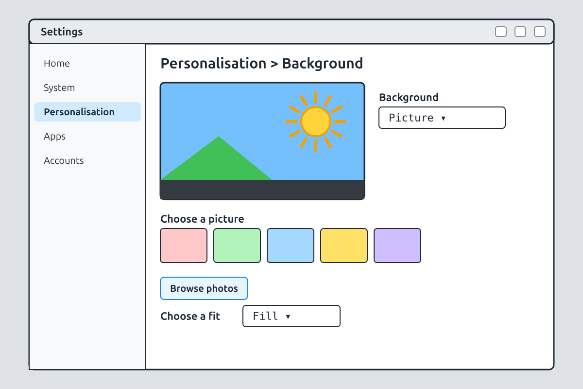 The Windows Settings window open at Personalization > Background