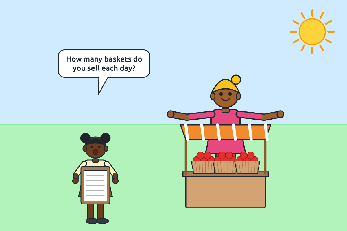 A pupil interviewing a market woman and writing answers on a form