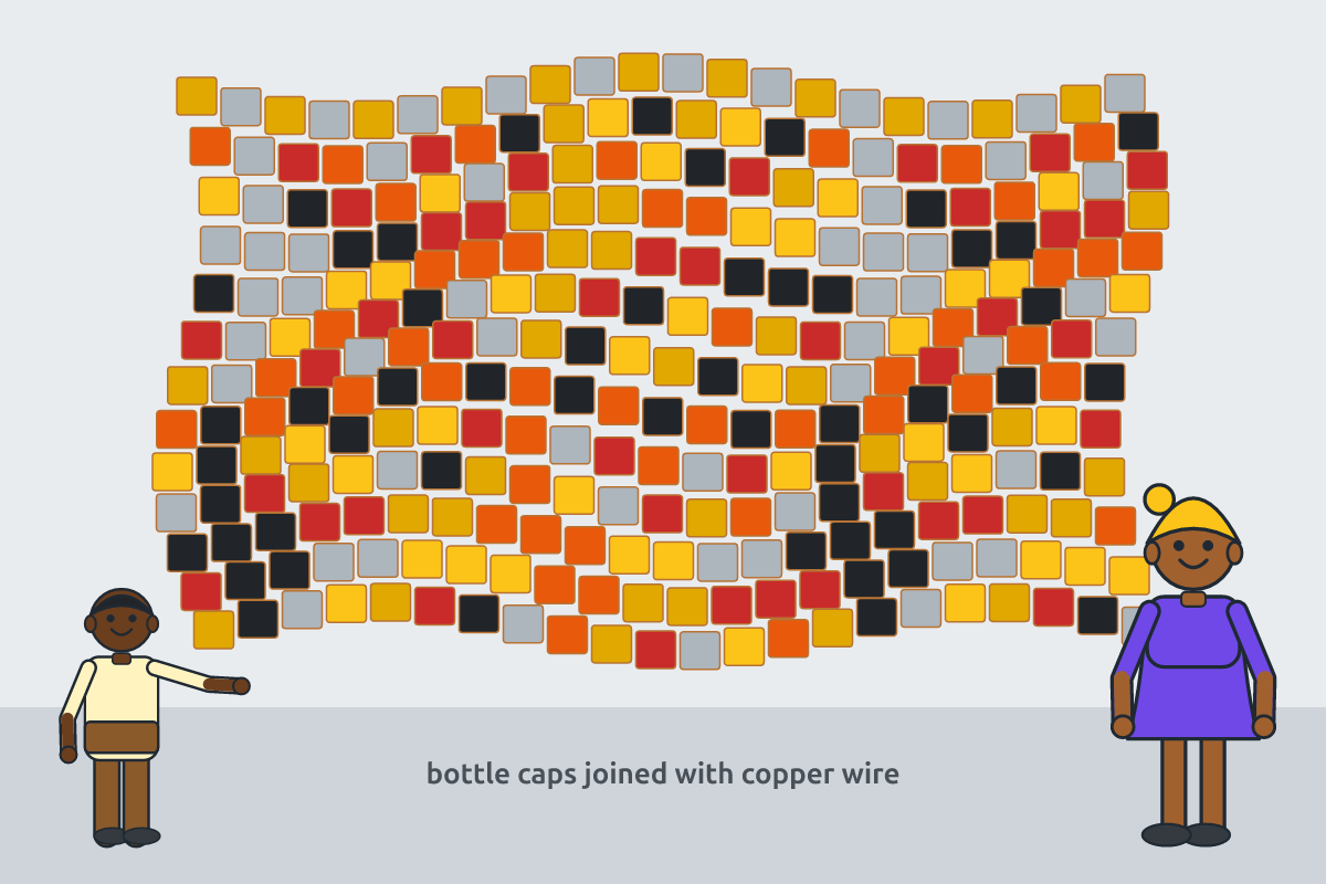 A large metallic wall hanging made of bottle tops in the style of El Anatsui