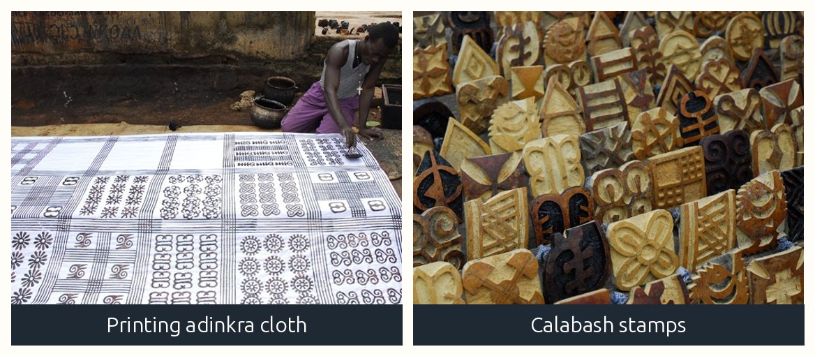 Hands printing adinkra symbols on cloth with a carved calabash stamp