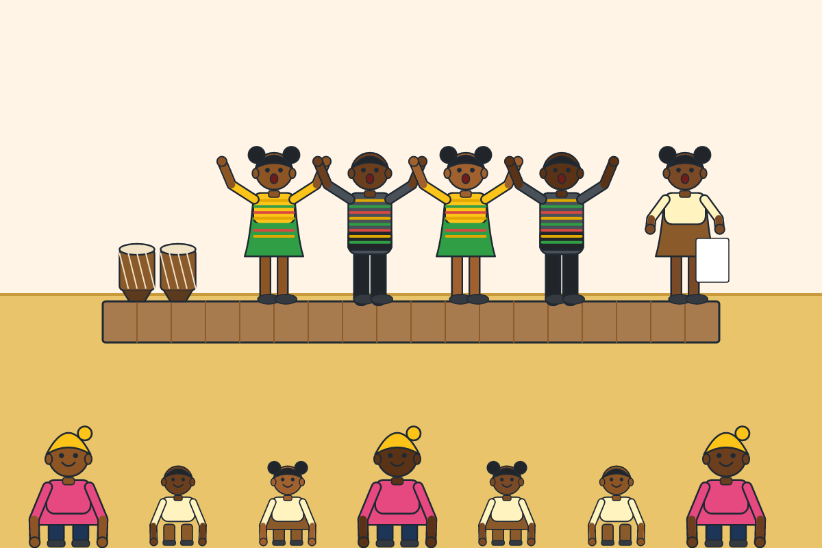 Pupils in traditional costumes performing on a school stage