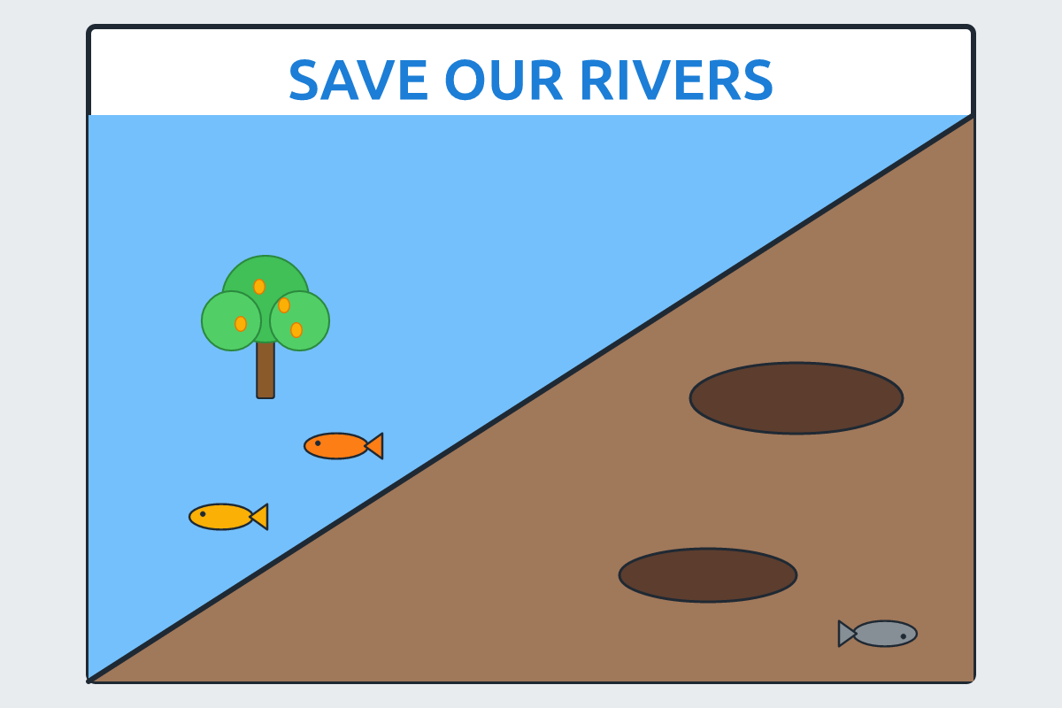 A pupil's poster showing a clean river and a polluted river with the words "Save Our Rivers"