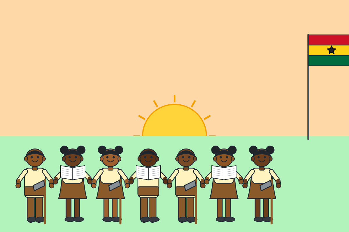 Children holding hoes and pens under a rising sun