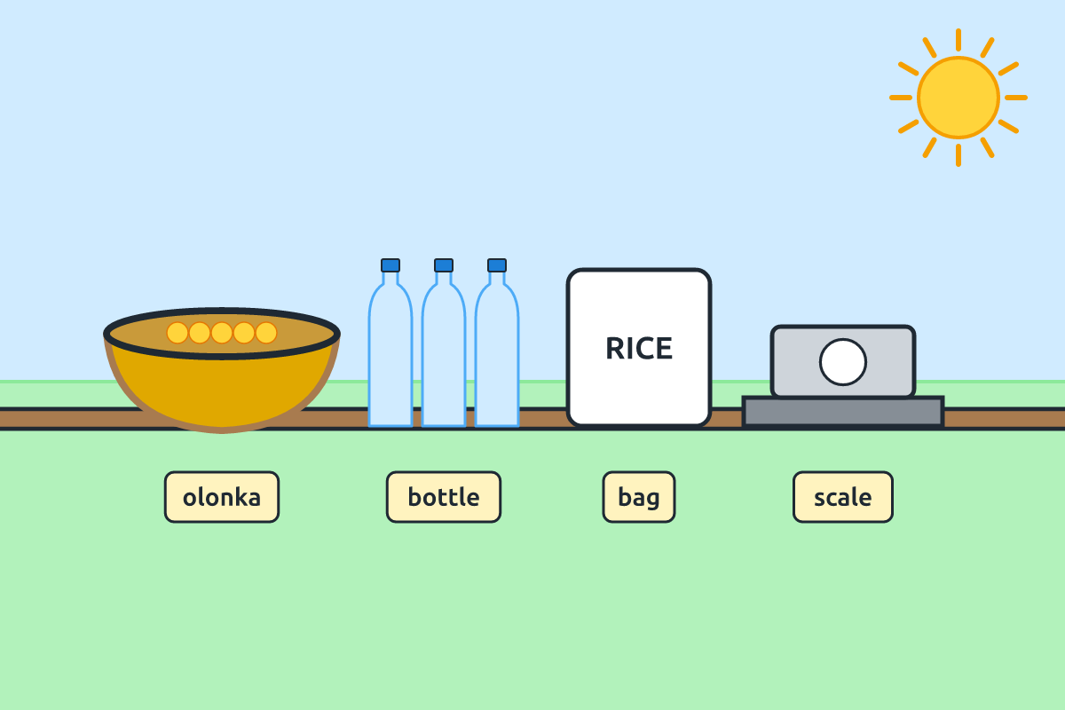 Market goods measured in bowls, bottles and bags