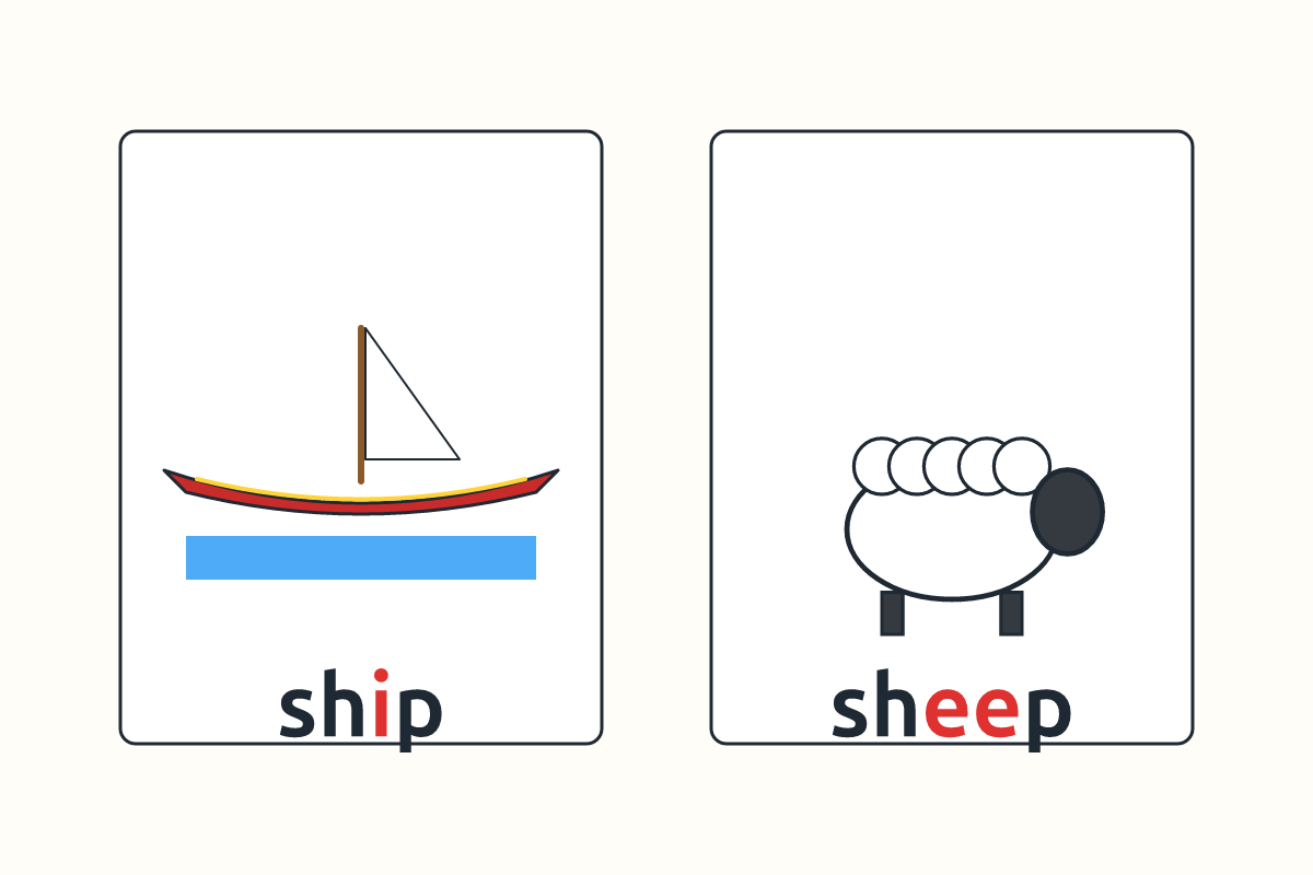 Picture cards of a ship and a sheep side by side