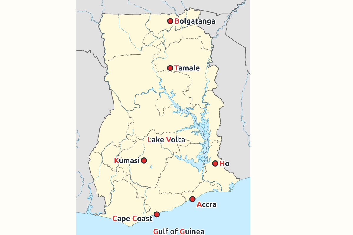 A map of Ghana with region capitals labelled