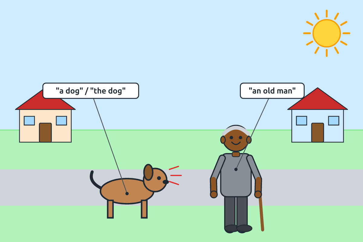 A dog barking at an old man in a street