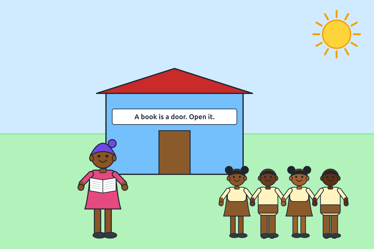Children queuing at a small village library