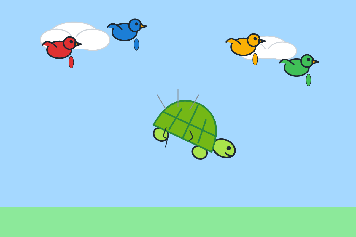 A tortoise falling from the sky as birds take back feathers