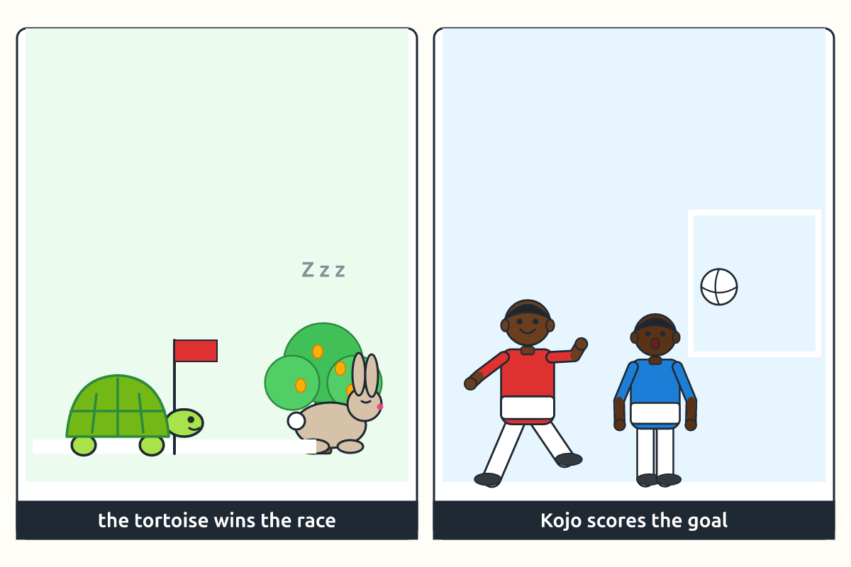 A tortoise-and-hare race beside a matching school football scene