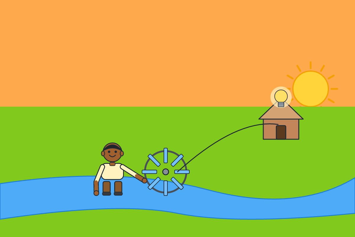A boy fixing a small water wheel in a stream at dusk