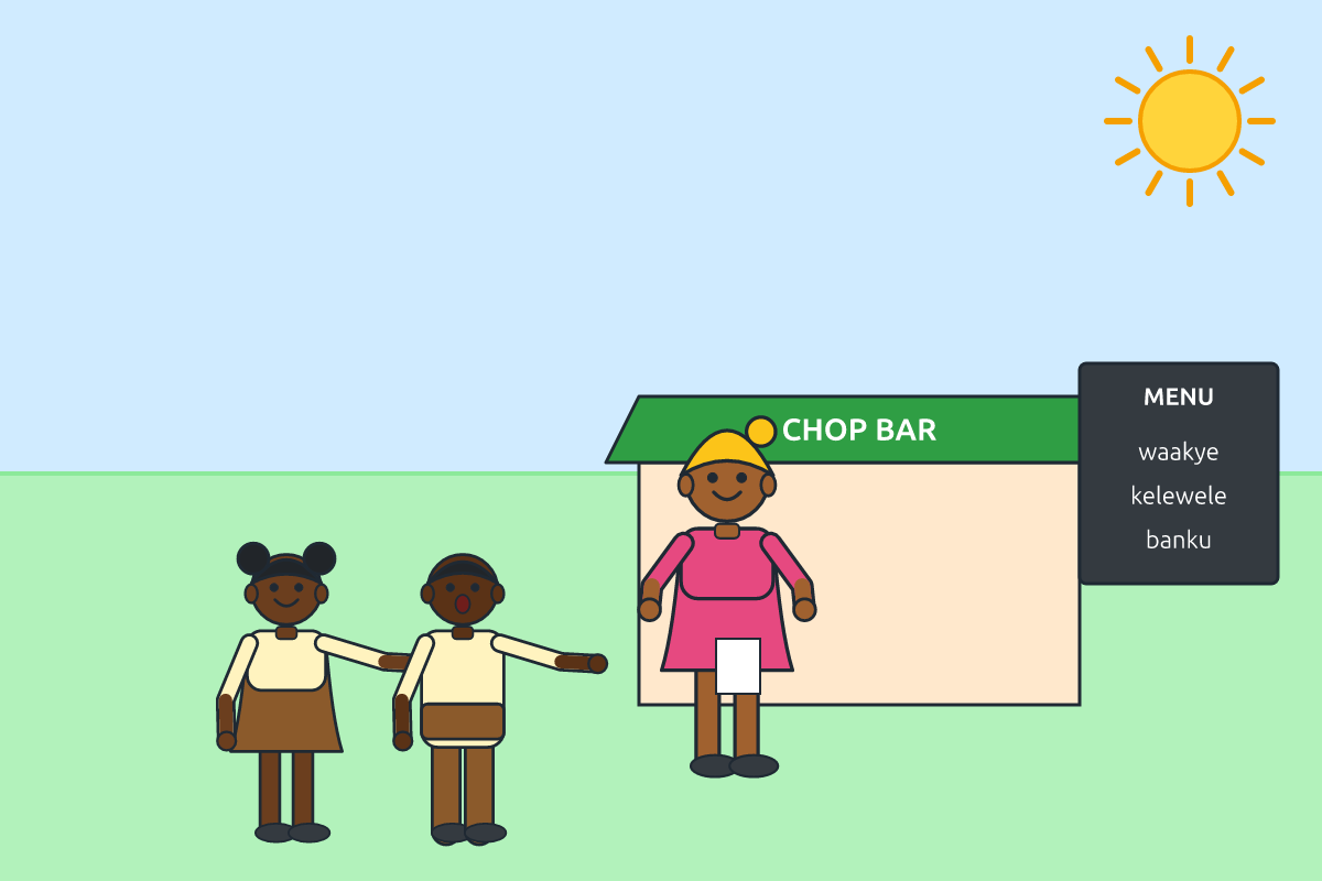 Two children ordering food at a chop bar