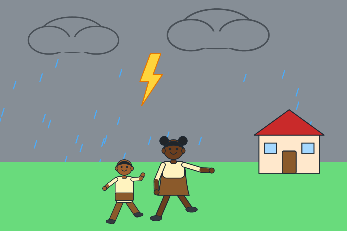Two children running home as a storm begins