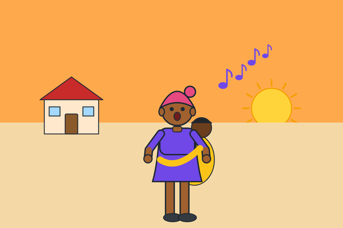 A mother rocking a baby on her back while singing