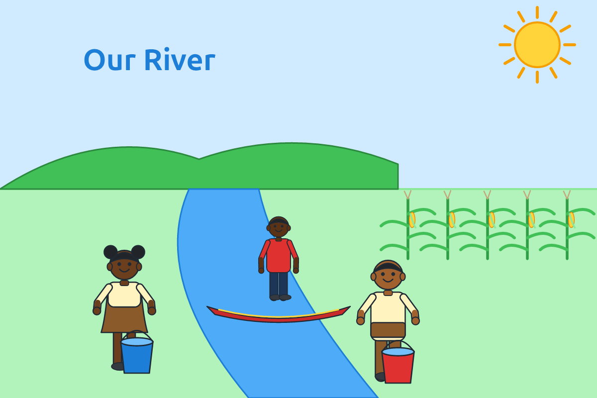 A clear river flowing from green hills with children fetching water