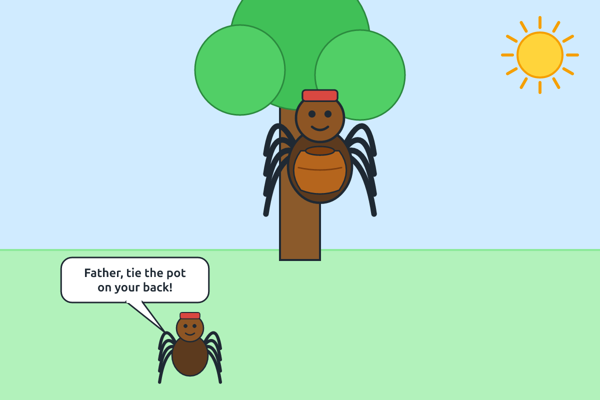 Ananse climbing a tree with a pot tied to his belly while his son calls from below