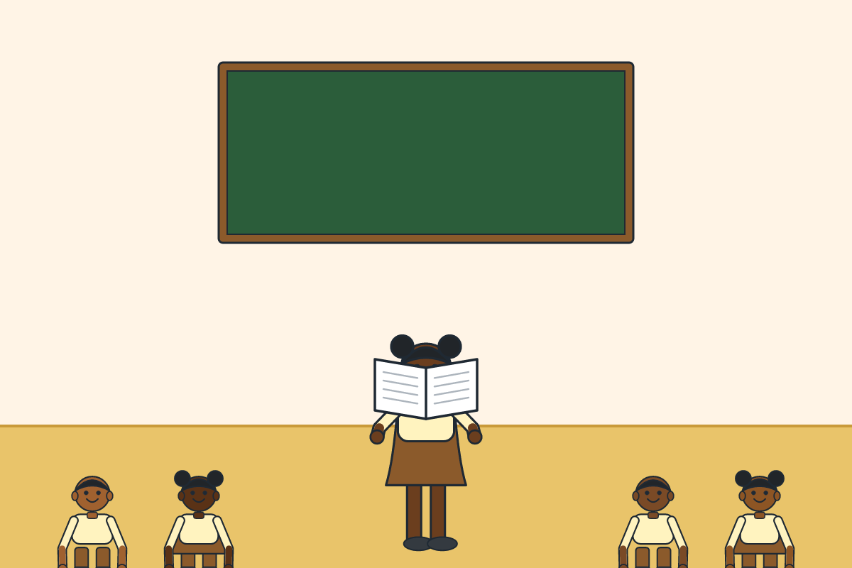 A pupil reading aloud from a storybook to the class