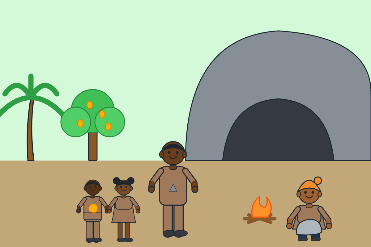 Early people outside a rock shelter with stone tools, a fire and gathered food
