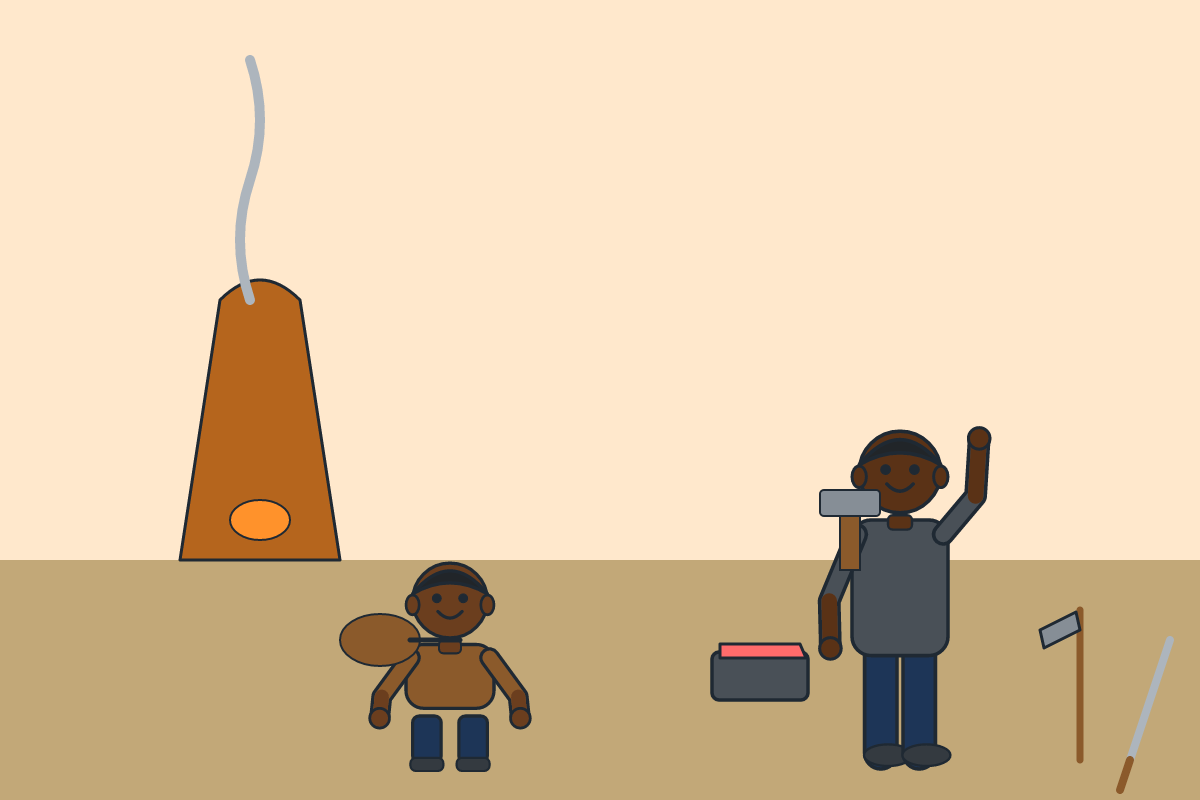 A blacksmith working iron at a clay furnace with bellows