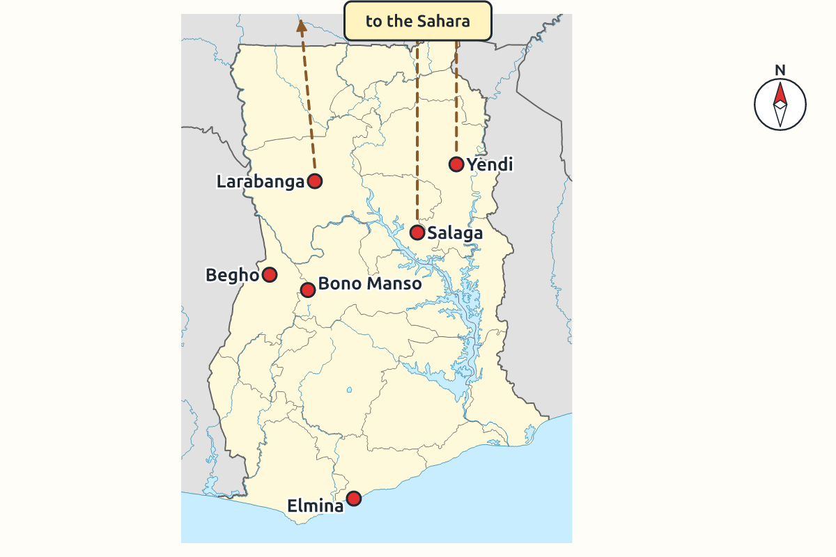 A map of Ghana marking ancient towns
