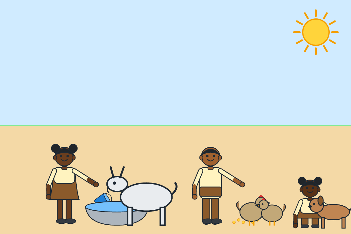 Children giving water to a goat and feeding chickens