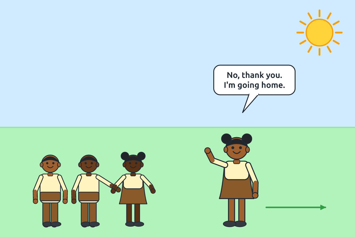 A girl firmly refusing an offer from a group and walking away