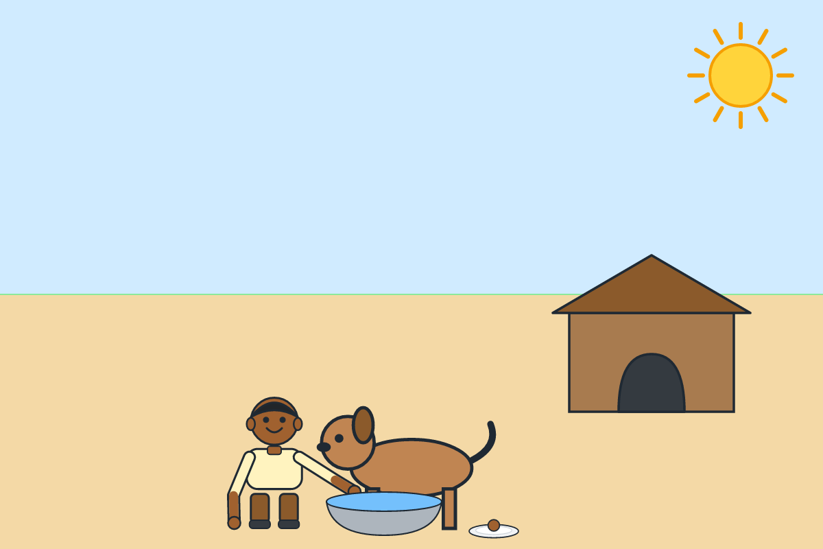 A child feeding and brushing a dog