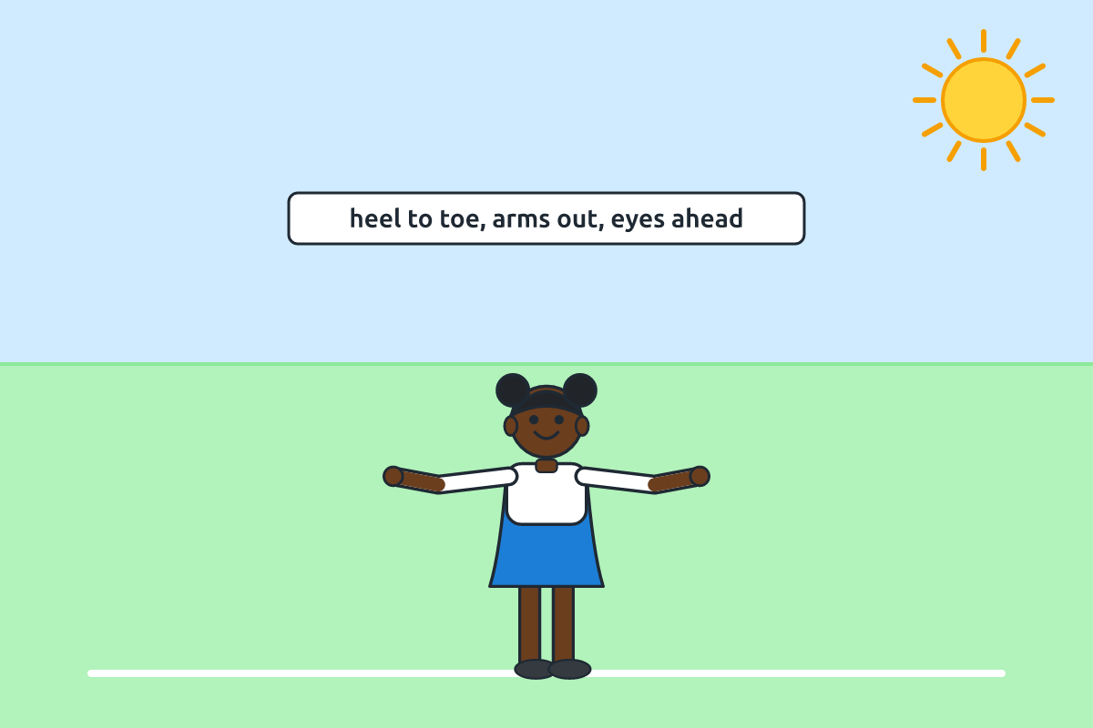 A pupil walking on a chalk line with arms stretched sideways