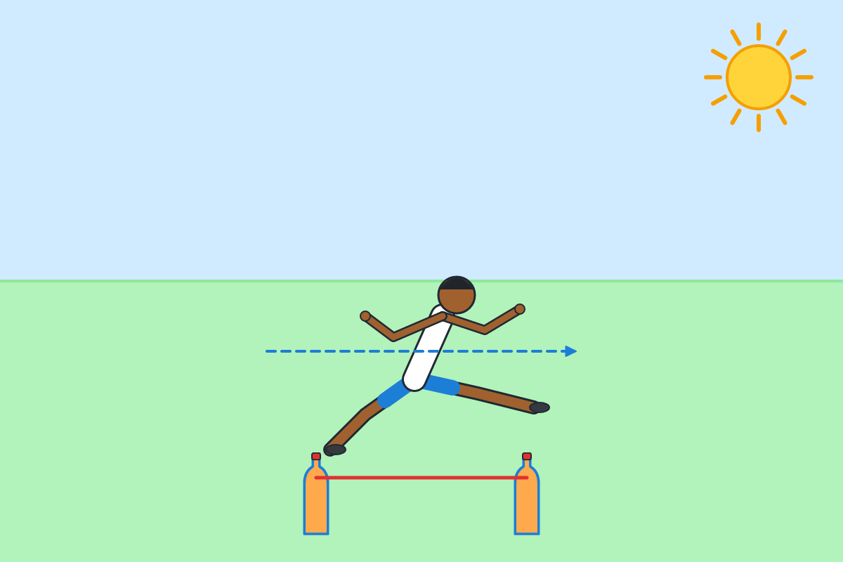 A pupil leaping over a low rope between two cones