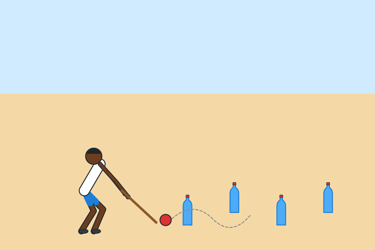 A pupil guiding a ball with a stick around plastic-bottle cones