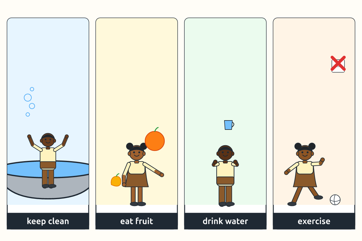 Children washing, eating fruit and exercising to care for their bodies