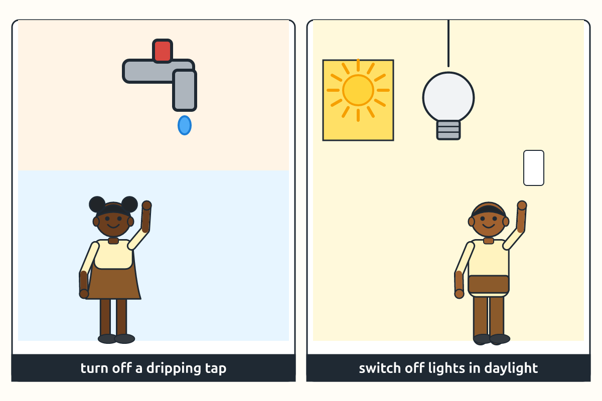 A child turning off a tap and switching off a light