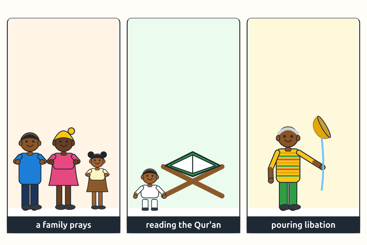 A Christian family praying, a Muslim boy reading the Qur'an and an elder pouring libation