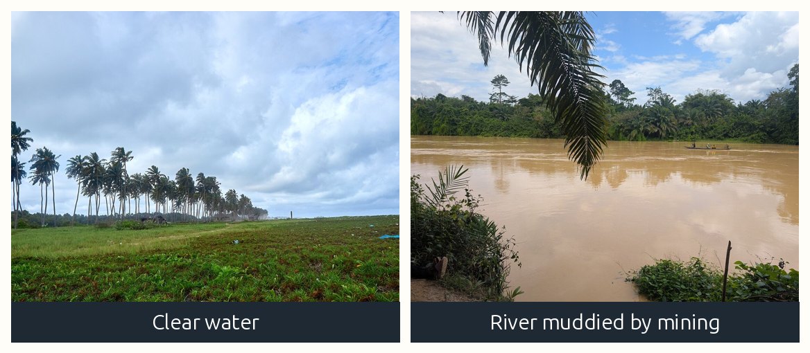 A muddy brown river polluted by mining next to a clear river
