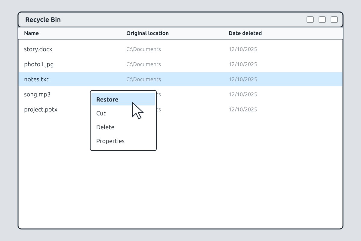 The Recycle Bin window with a file being restored