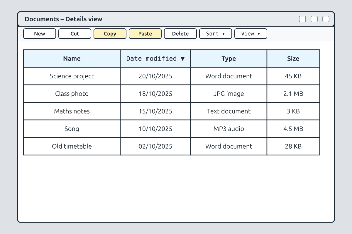 File Explorer in Details view sorted by date