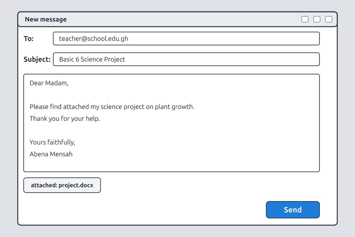 An email compose window with To, Subject, body and attachment