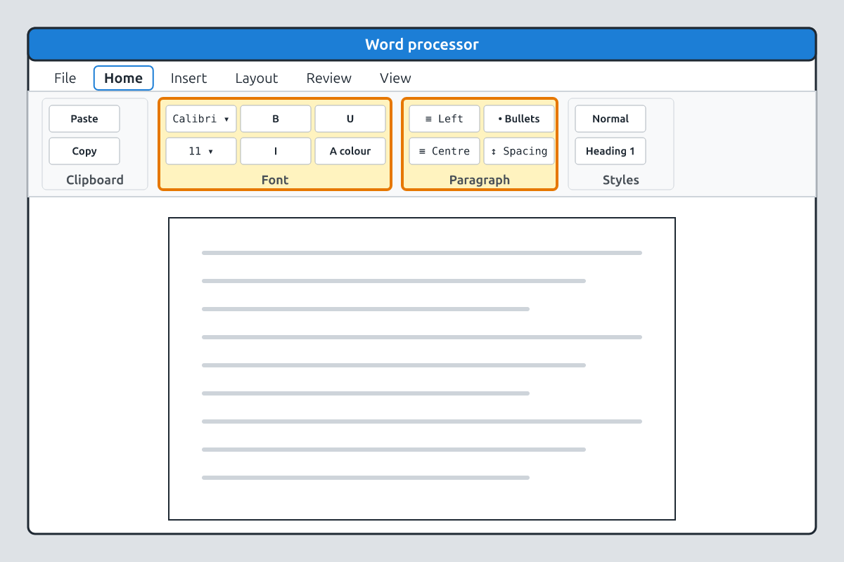 The Microsoft Word Home tab showing Font and Paragraph groups