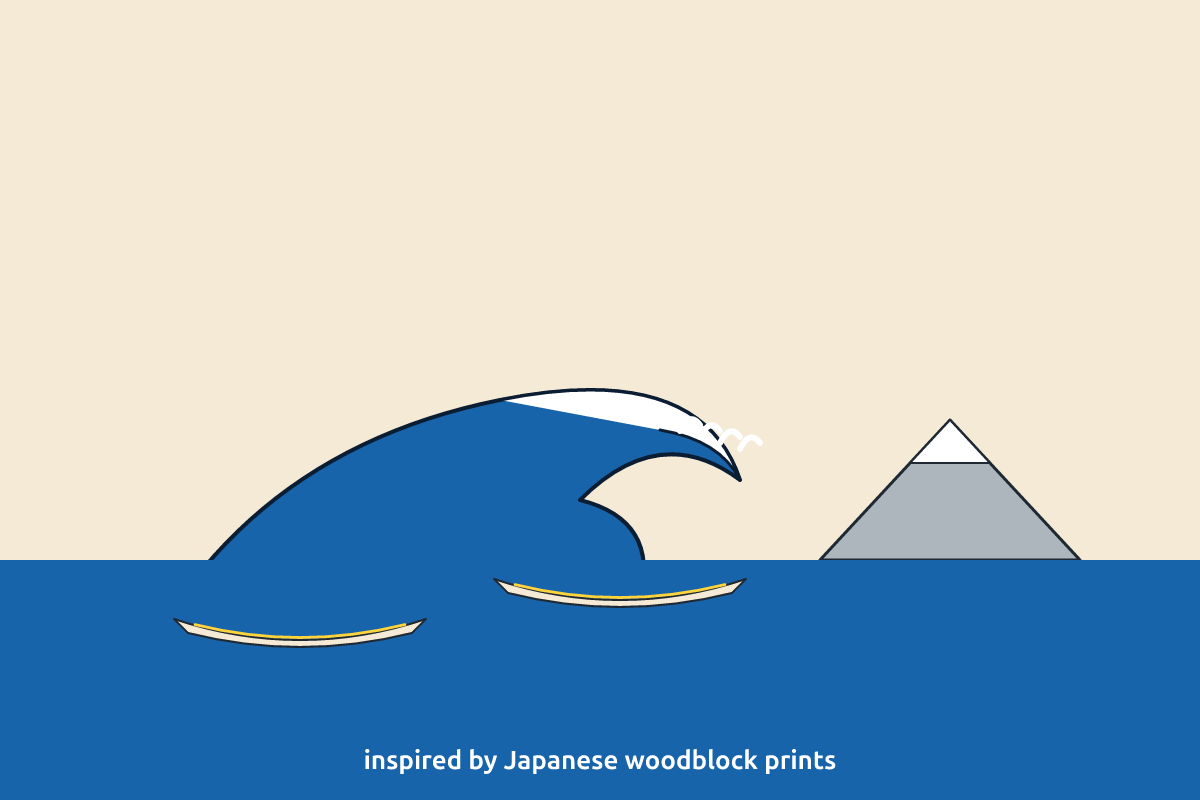 A large curling sea wave in Japanese woodblock style with a mountain in the distance