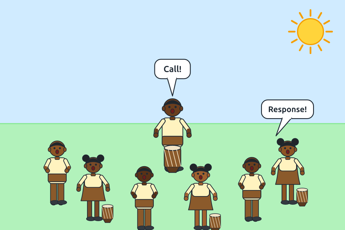 A lead drummer and a group of pupils responding with drums and voices